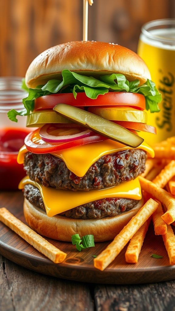 A classic cheeseburger with melted cheese, lettuce, tomato, and fries on the side, served on a wooden table.